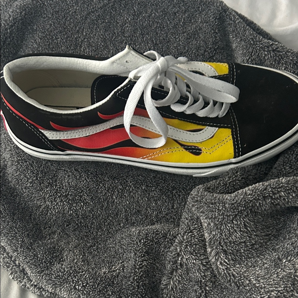 Vans Black Sneakers with Red and Yellow Flame Design